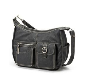 Rosetti Riveting Seams Black Faux Leather Convertible Hobo Shoulder Bag